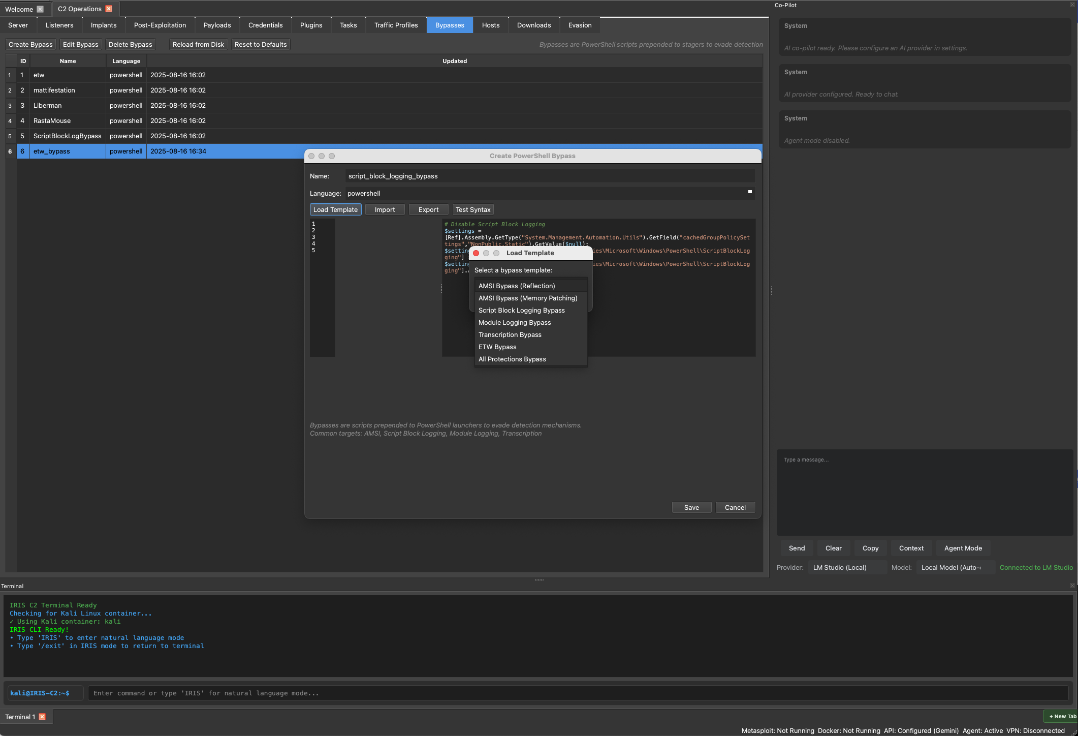 IRIS C2 bypass template selection interface showing PowerShell bypass options including AMSI, ETW, Script Block Logging, and other protection bypasses