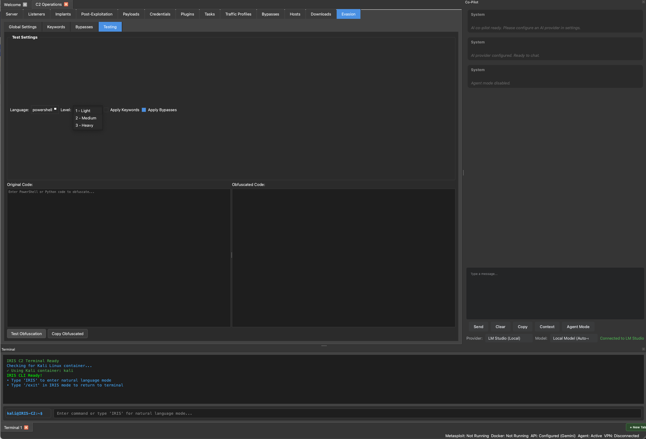 Bypass testing interface showing obfuscation levels and code transformation with original and obfuscated code panels