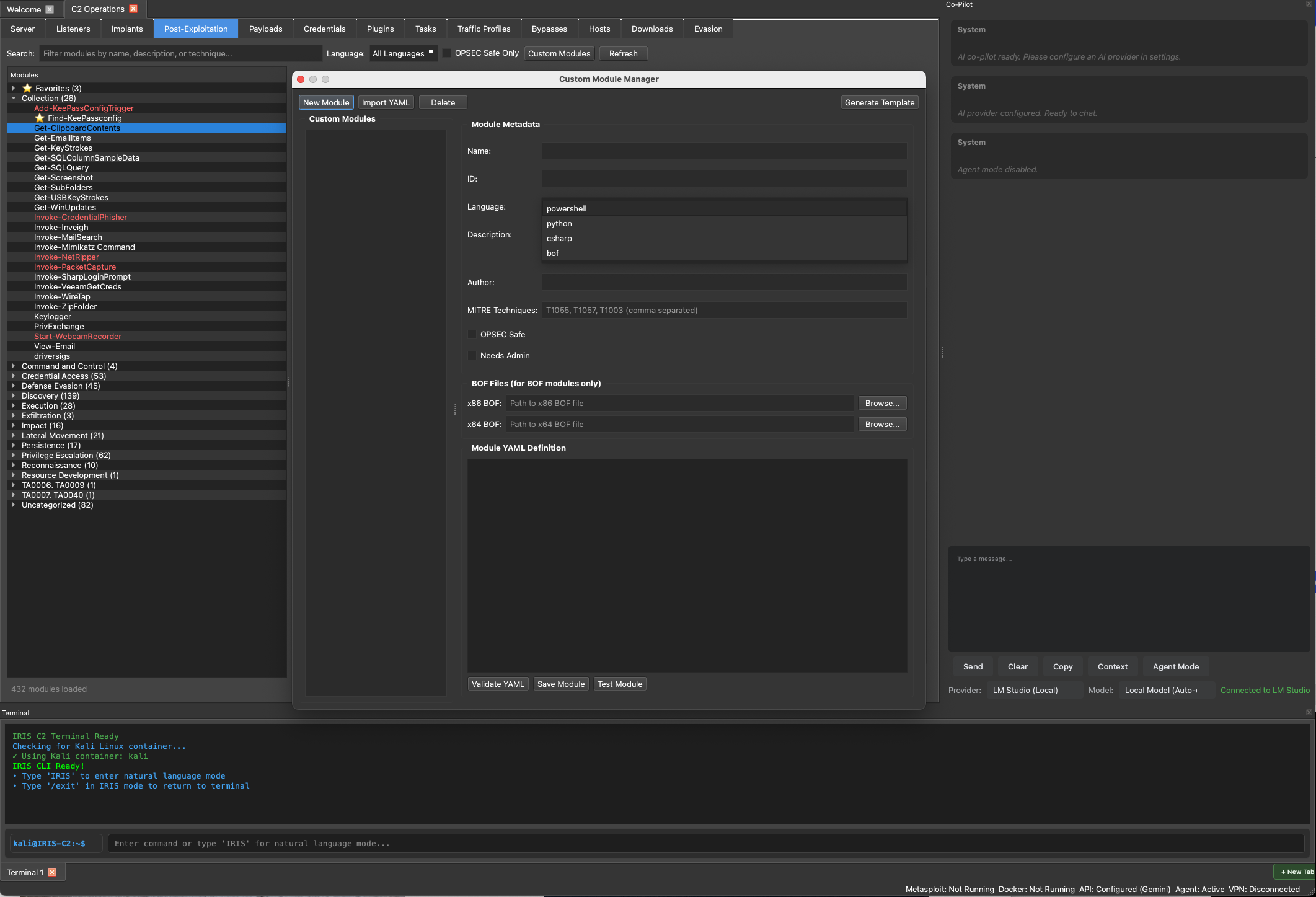 Custom module manager showing comprehensive module tree, validation pipeline, and module metadata configuration with YAML validation and testing capabilities