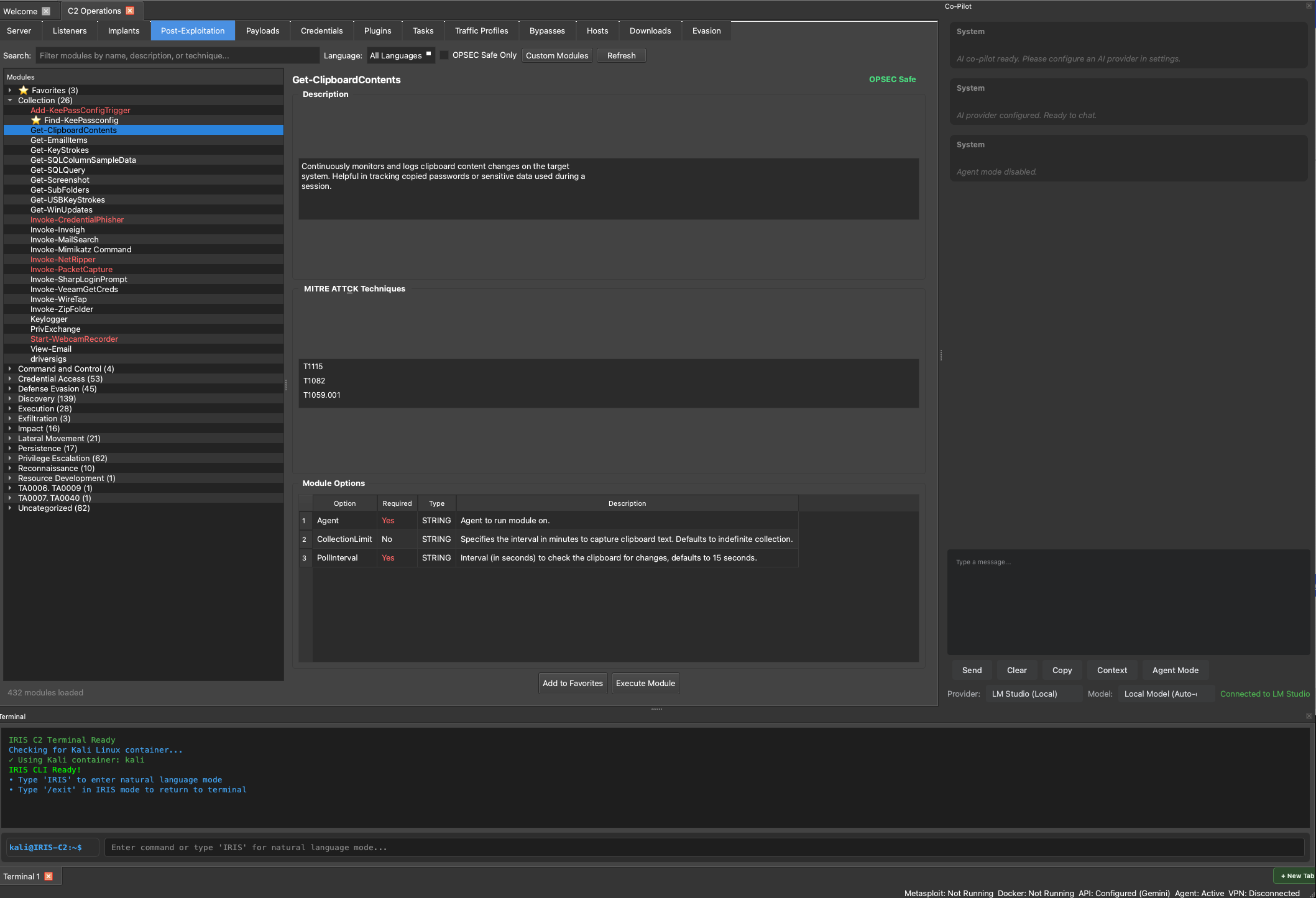 Module browser interface displaying OPSEC Safe badge and MITRE ATT&CK technique classifications for the Get-ClipboardContents module