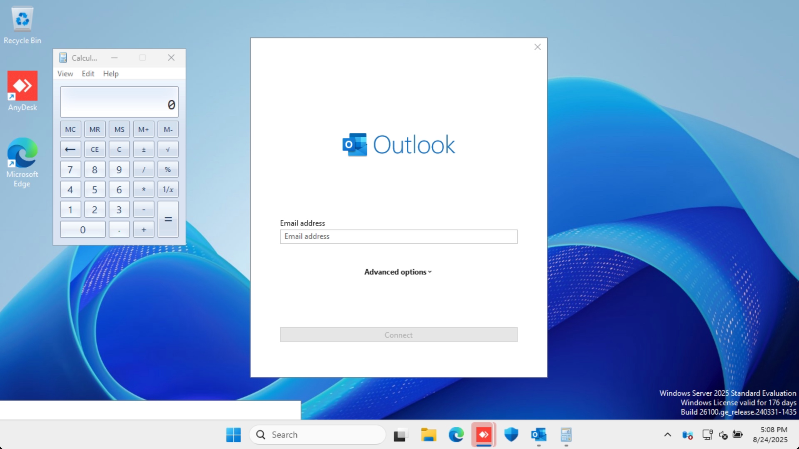 Successful DOPPEL attack demonstration showing Microsoft Outlook login screen with Calculator application launched via DLL proxying