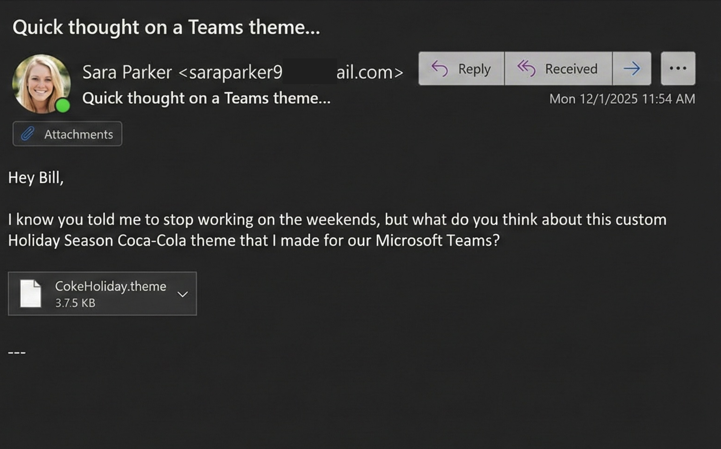 Phishing email from Sara Parker with holiday theme attachment