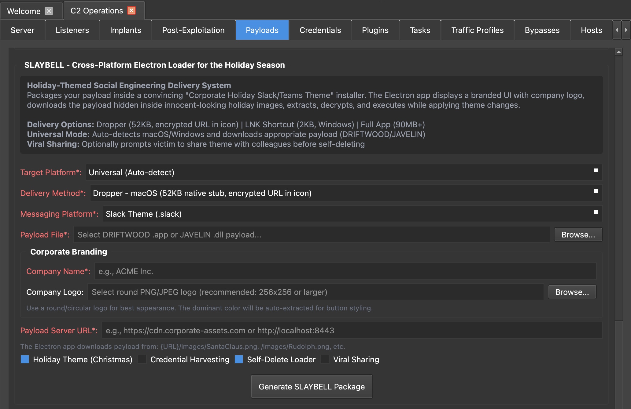 IRIS C2 SLAYBELL payload builder interface showing configuration options for target platform, delivery method, messaging platform, corporate branding, and payload settings