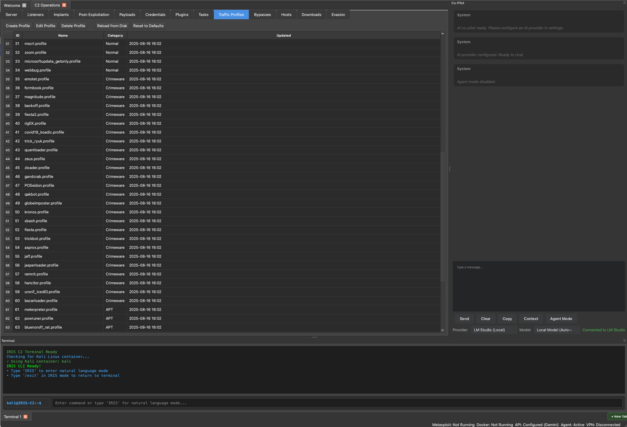 IRIS C2 Traffic Profiles interface showing various enterprise application profiles including Normal, Crimeware, and APT categories