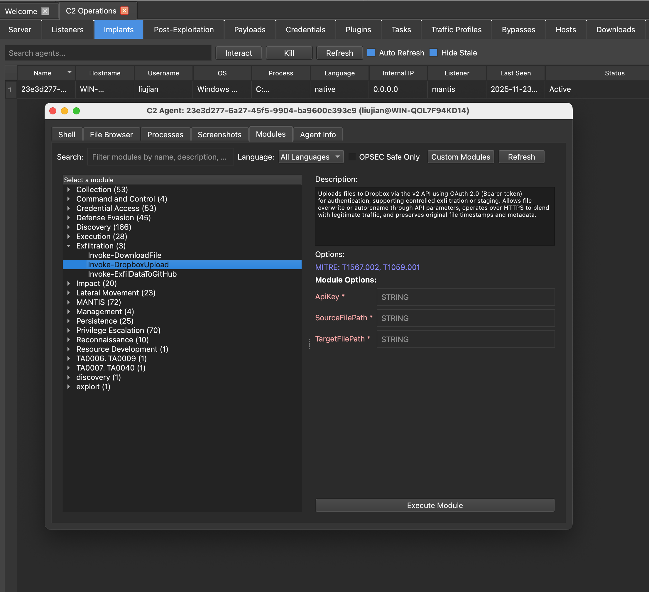 IRIS C2 Agent Interaction Window showing the Modules interface with extensive post-exploitation module library organized by MITRE ATT&CK categories