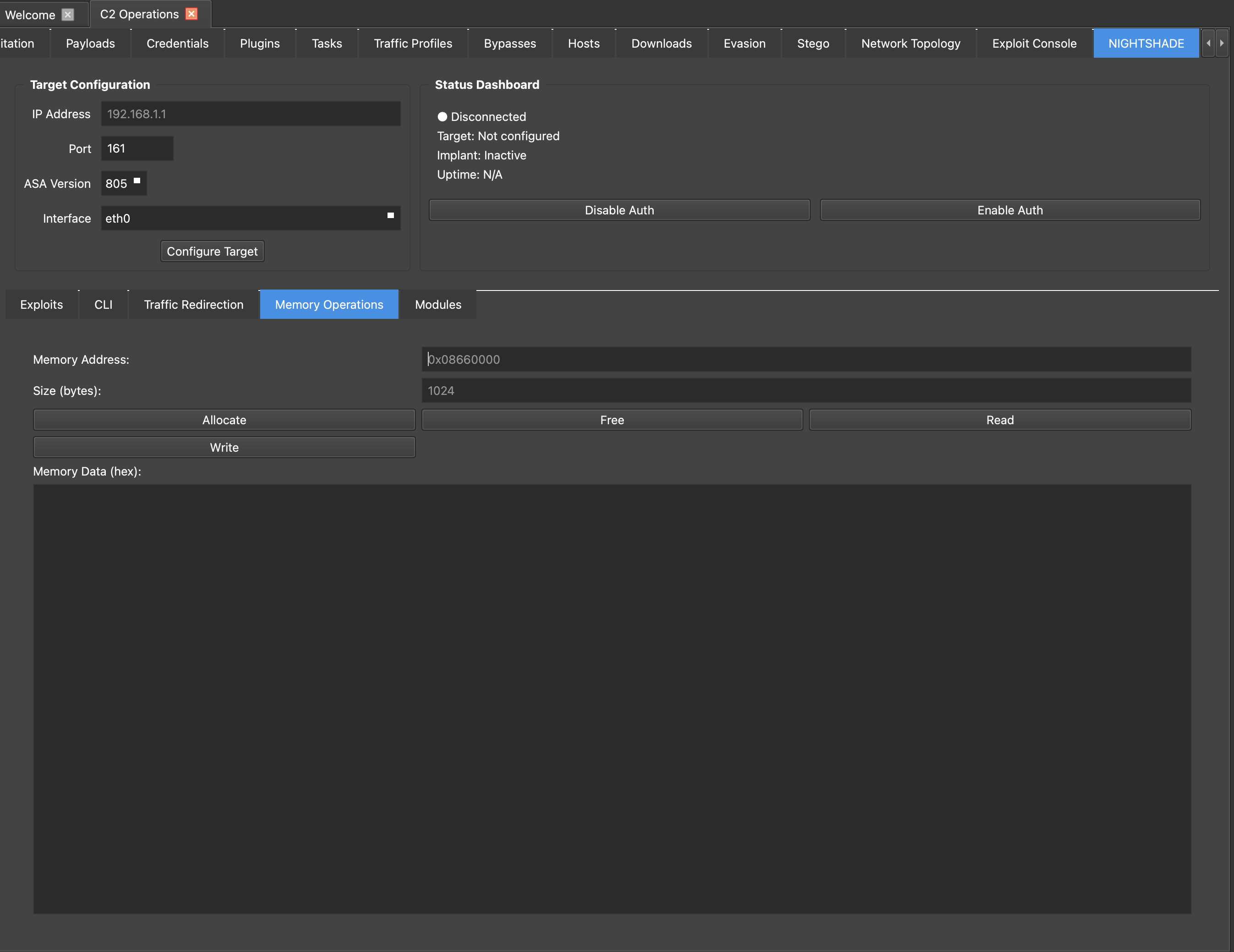 NIGHTSHADE Memory Operations interface showing memory address 0x08660000, size 1024 bytes, with Allocate, Free, Read, Write controls and hex data display area