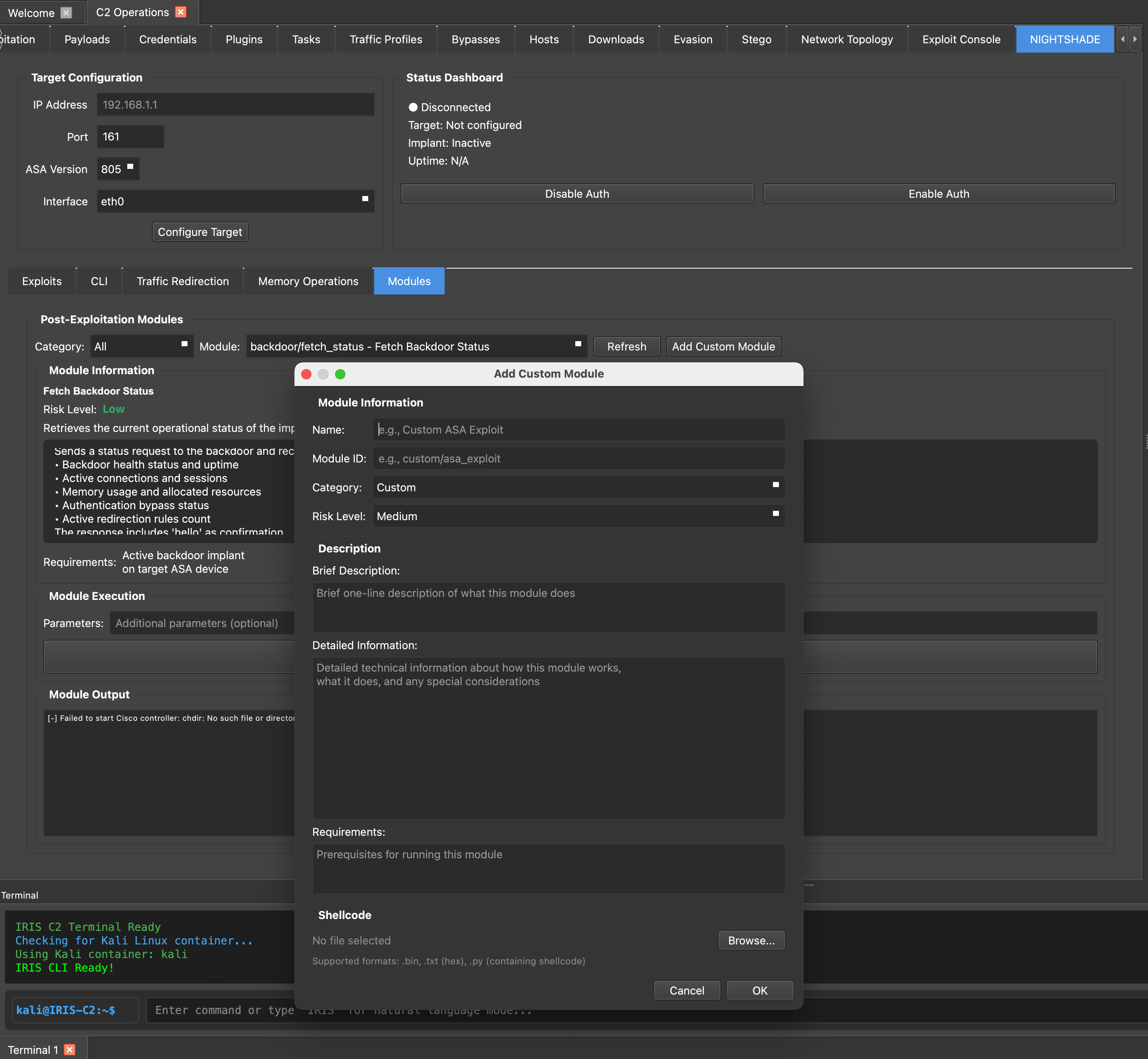 NIGHTSHADE Modules interface showing Post-Exploitation Modules with Add Custom Module dialog, including fields for module information, category selection, risk level, description, requirements, and shellcode upload options