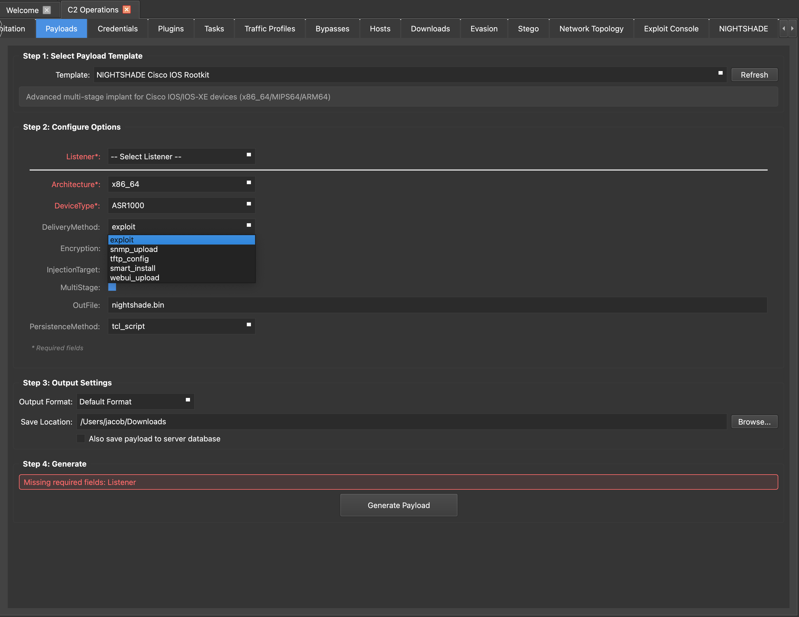 NIGHTSHADE Payload Generation interface showing 4-step wizard: Select Payload Template (NIGHTSHADE Cisco IOS Rootkit), Configure Options with architecture/device settings, Output Settings, and Generate step with missing listener field warning