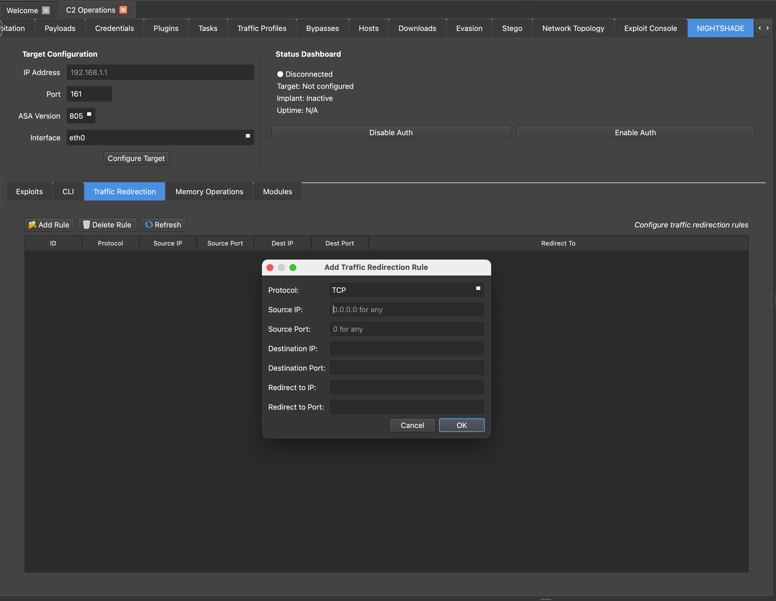 NIGHTSHADE Traffic Redirection interface showing Add Traffic Redirection Rule dialog with protocol, source/destination IP and port configuration options